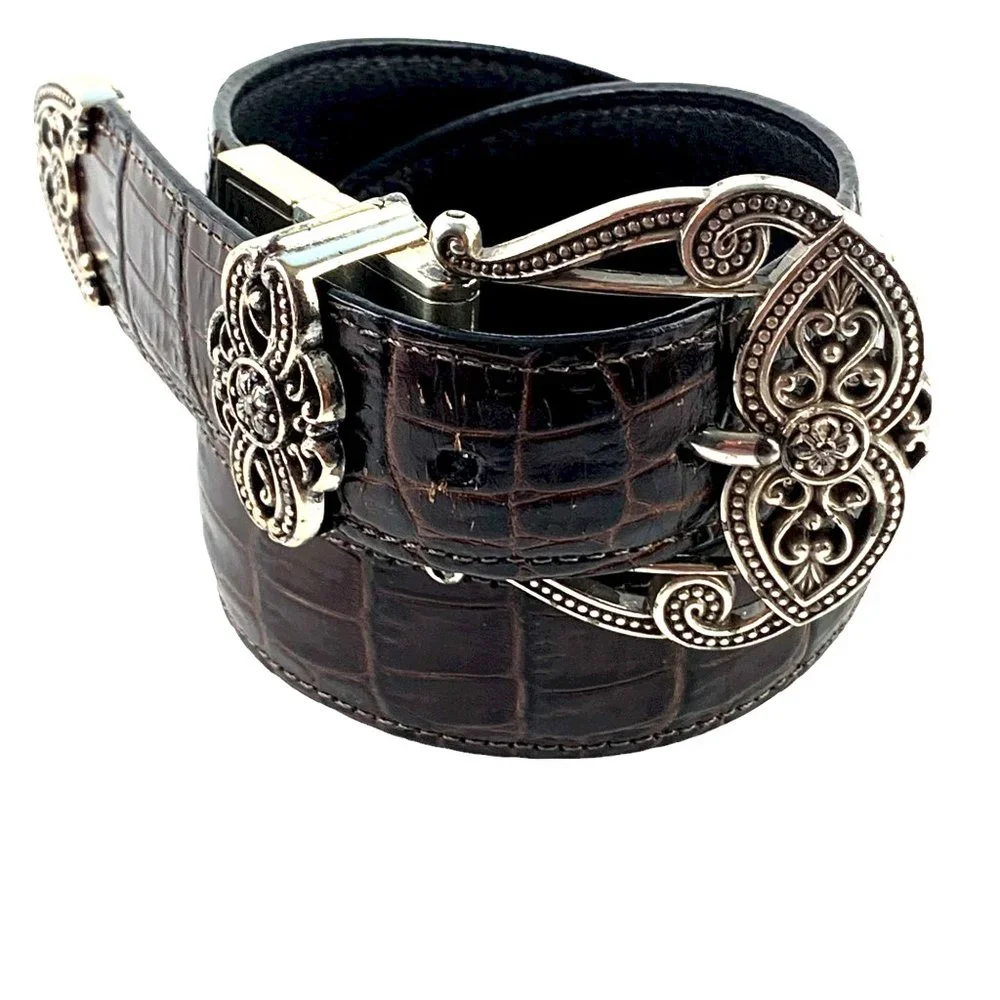Vintage BRIGHTON 'B40369' Reversible Croc  Leather Belt‎ Silver Buckle